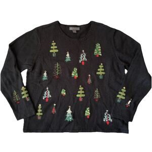 Vintage Northern Isles Sweater Women’s Large Black Embellished Christmas‎ Trees